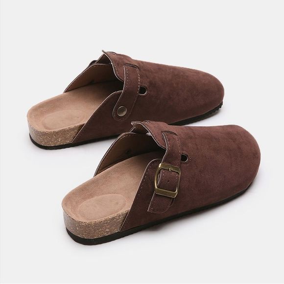 Chocolate Brown Suede Closed Toe Buckle Slide - Picture 4 of 5
